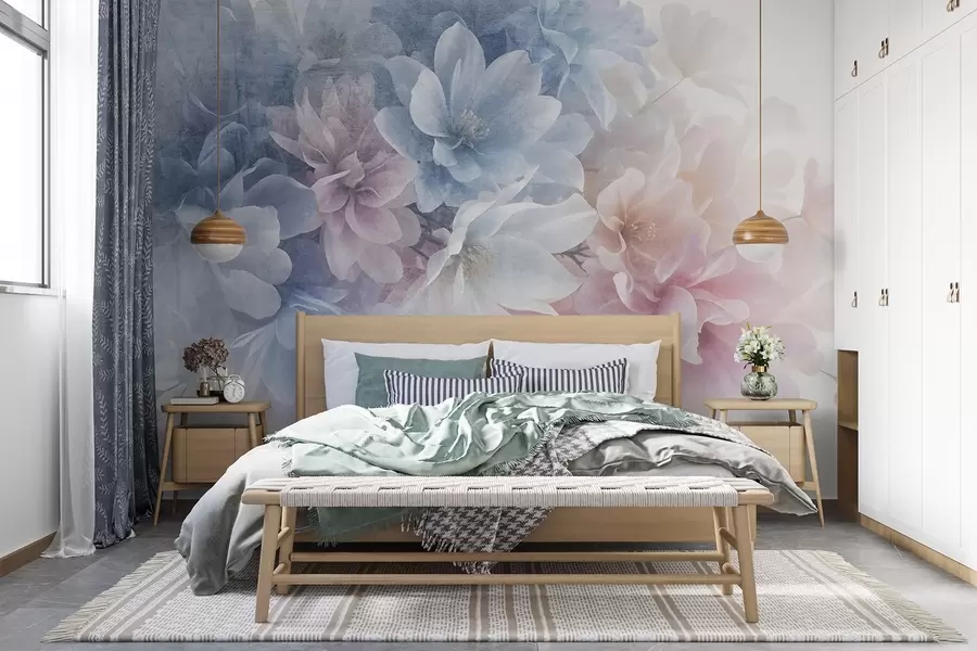 murais de parede Arranjo floral textural suave, em tons pastel, com flores grandes e delicadas em tons de rosa, azul e branco  w08535