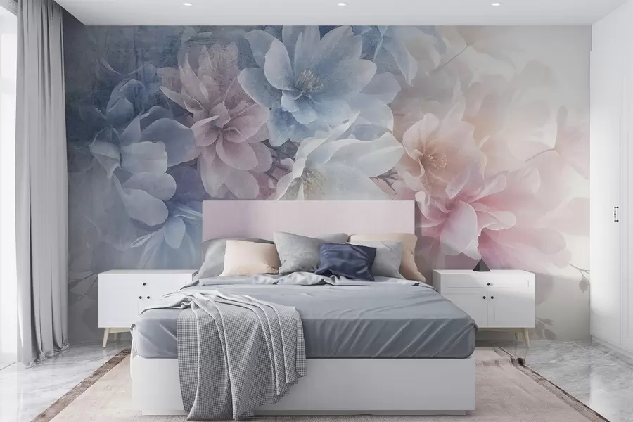 murais de parede Arranjo floral textural suave, em tons pastel, com flores grandes e delicadas em tons de rosa, azul e branco  w08535