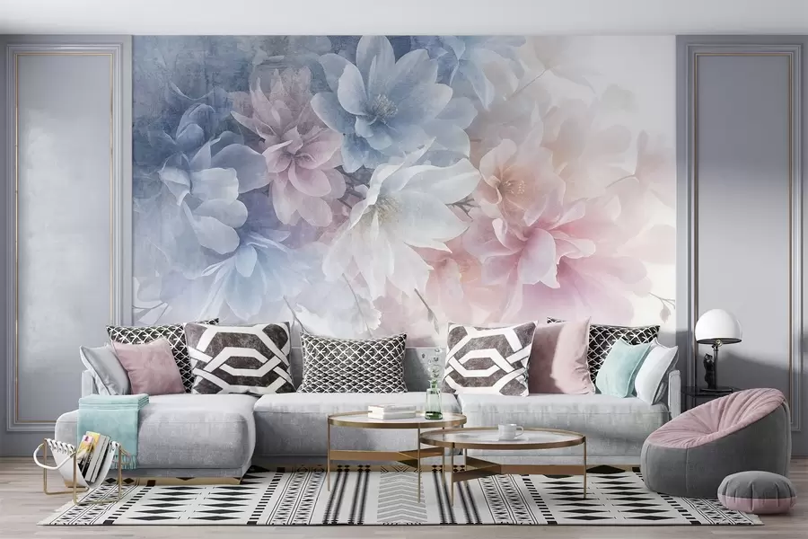 murais de parede Arranjo floral textural suave, em tons pastel, com flores grandes e delicadas em tons de rosa, azul e branco  w08535
