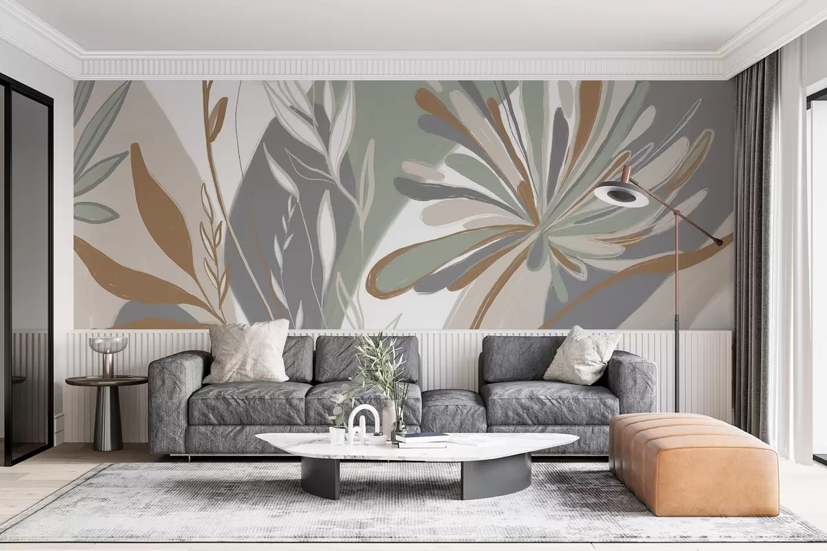 murais de parede Estampa floral abstrata minimalista com folhas e pétalas estilizadas em tons de verde, cinzento e bege w08536