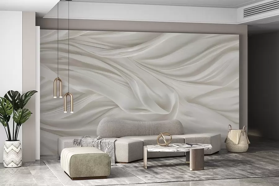 murais de parede Estampado moderno com imitação de tecido branco liso e fluido com pregas e dobras suaves e ondulantes w08537