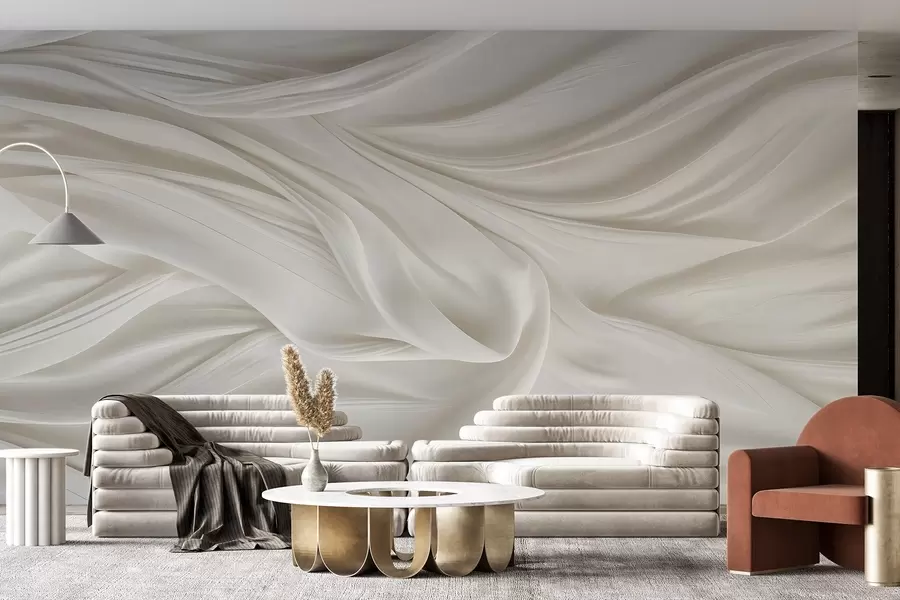 murais de parede Estampado moderno com imitação de tecido branco liso e fluido com pregas e dobras suaves e ondulantes w08537