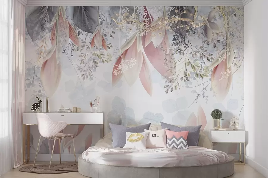 murais de parede Estampado floral suave, em tons pastel, com pétalas e folhas delicadas em tons de rosa, branco e cinzento w08538