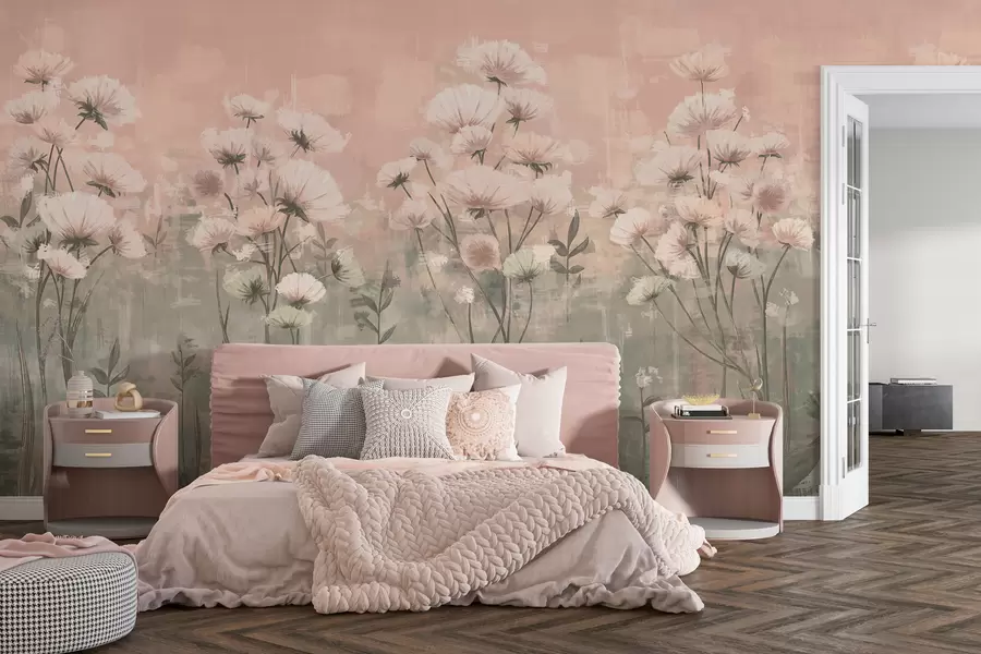 murais de parede Flores silvestres delicadas com efeito de pincelada em cor-de-rosa w02629