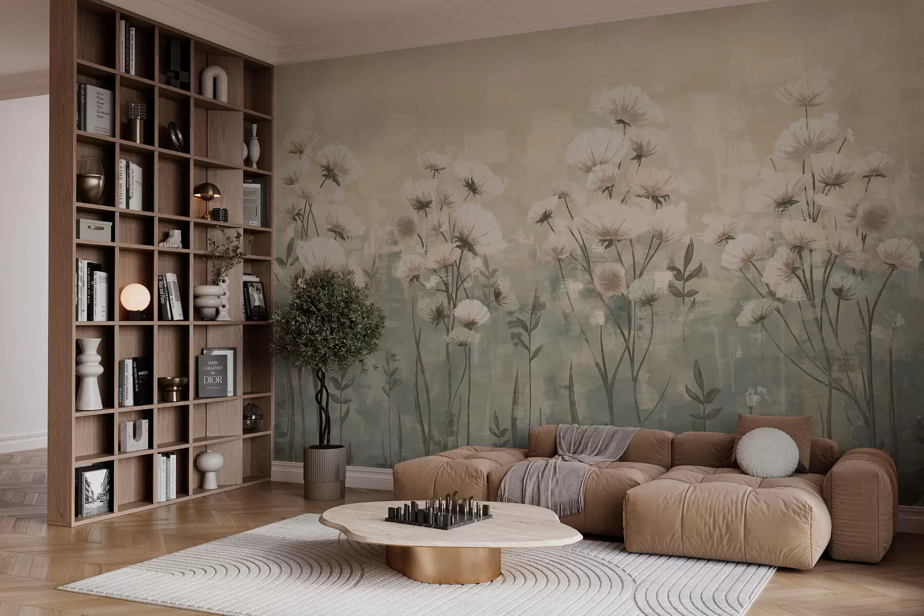 murais de parede Flores silvestres delicadas com efeito de pincelada em amarelo e bege w02629v1