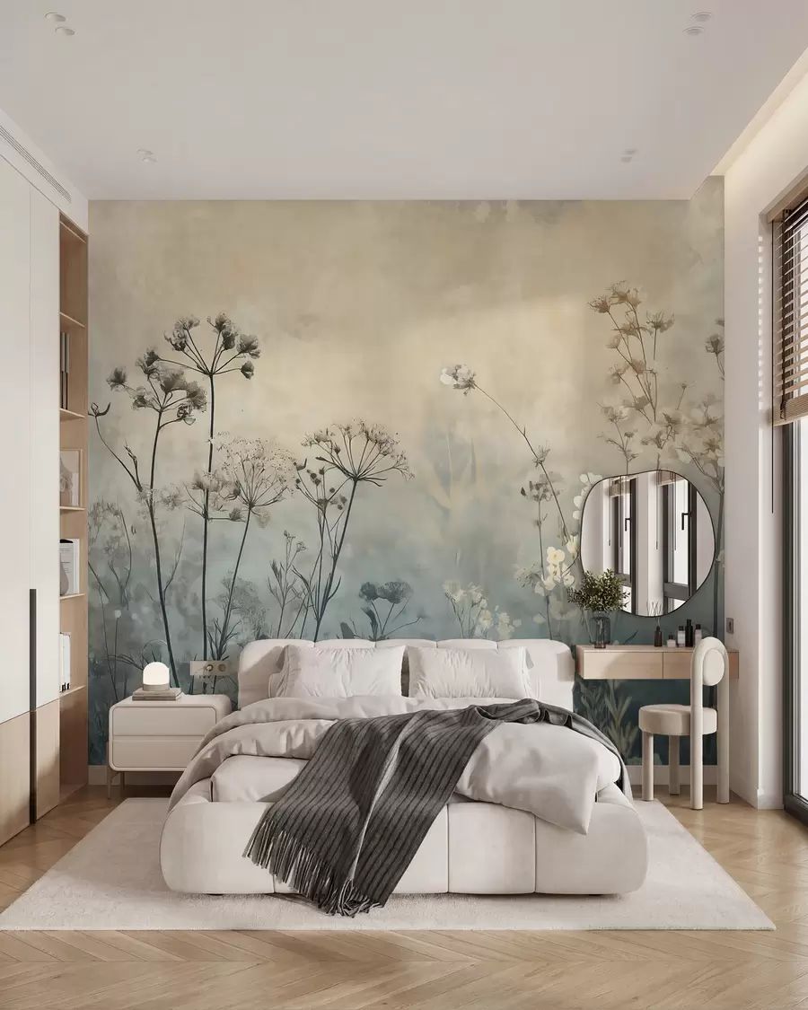 murais de parede papel de parede de estilo ecológico com flores e plantas selvagens num fundo texturado w02685