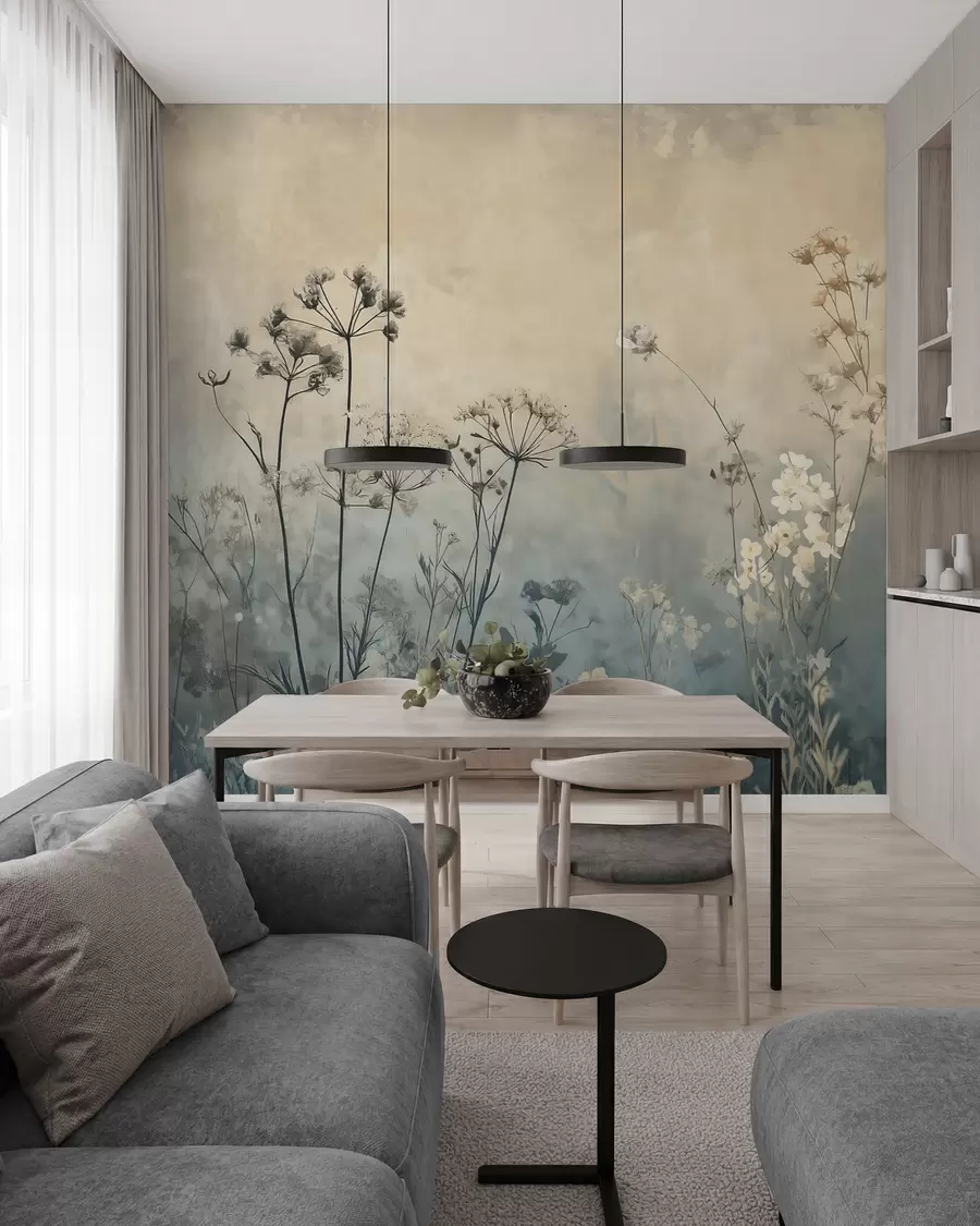 murais de parede papel de parede de estilo ecológico com flores e plantas selvagens num fundo texturado w02685