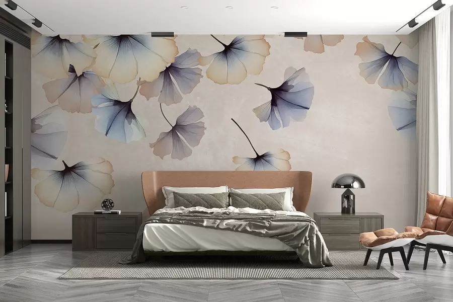 murais de parede Folhas de ginkgo em tons pastel de azul e bege com pétalas delicadas a flutuar no ar sobre um fundo textural w08578