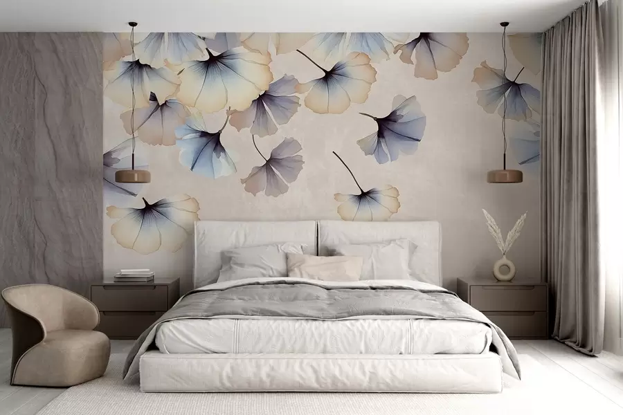 murais de parede Folhas de ginkgo em tons pastel de azul e bege com pétalas delicadas a flutuar no ar sobre um fundo textural w08578