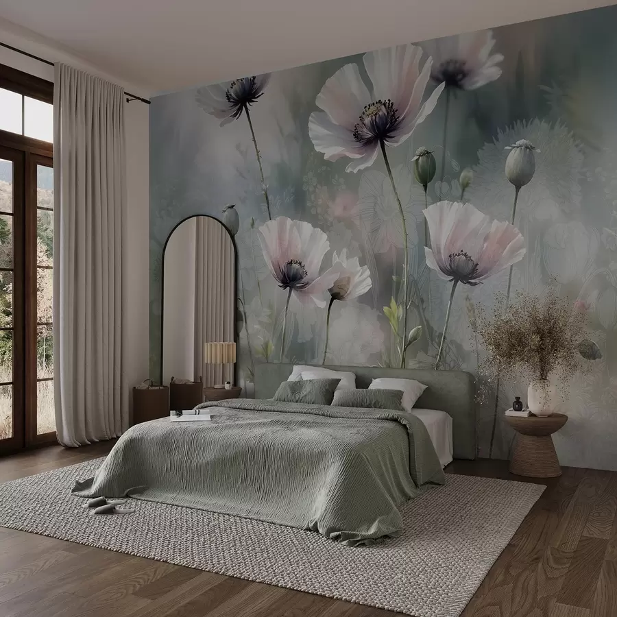 murais de parede Delicadas papoilas cor-de-rosa e púrpura com caules e botões verdes sobre um fundo texturado suave e desfocado w08585