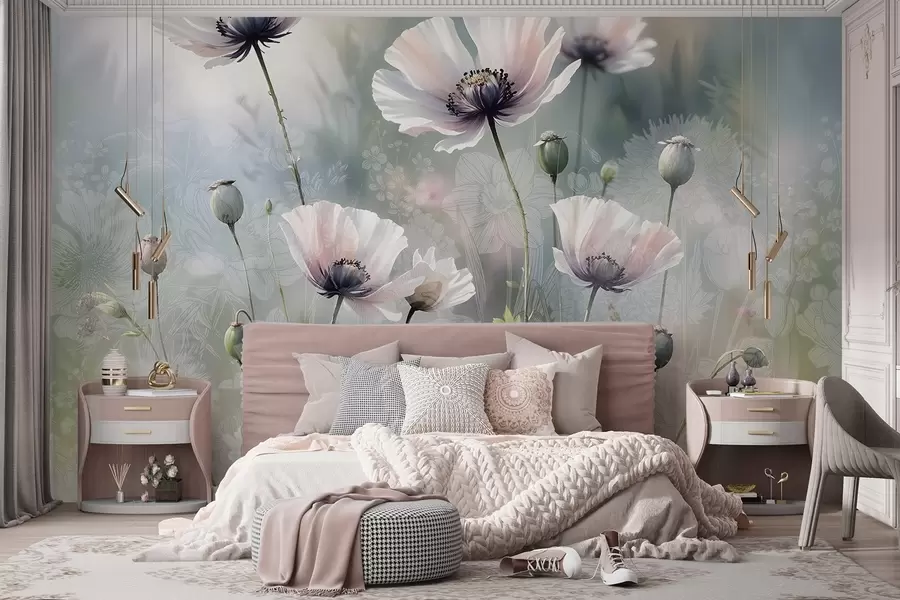 murais de parede Delicadas papoilas cor-de-rosa e púrpura com caules e botões verdes sobre um fundo texturado suave e desfocado w08585