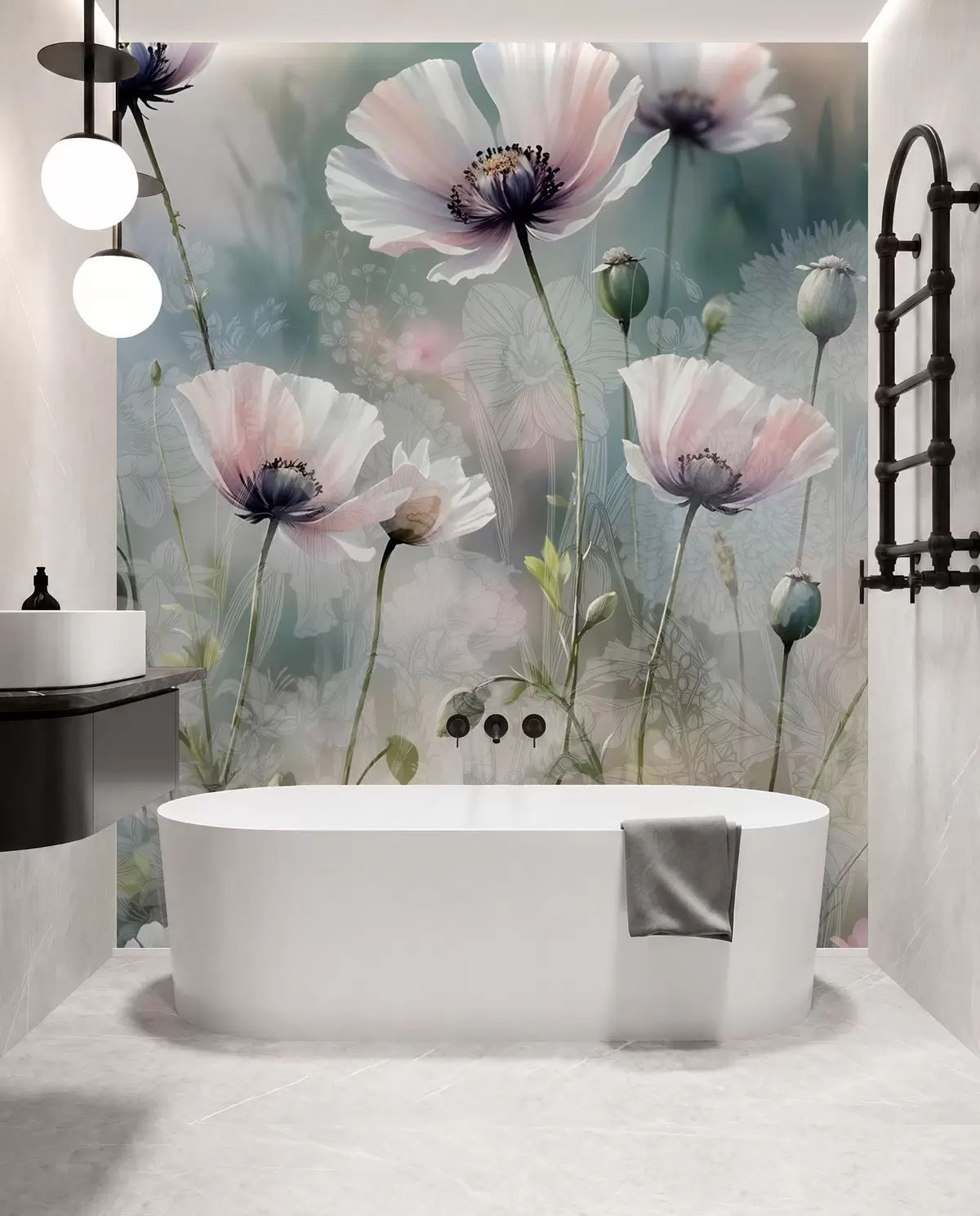 murais de parede Delicadas papoilas cor-de-rosa e púrpura com caules e botões verdes sobre um fundo texturado suave e desfocado w08585