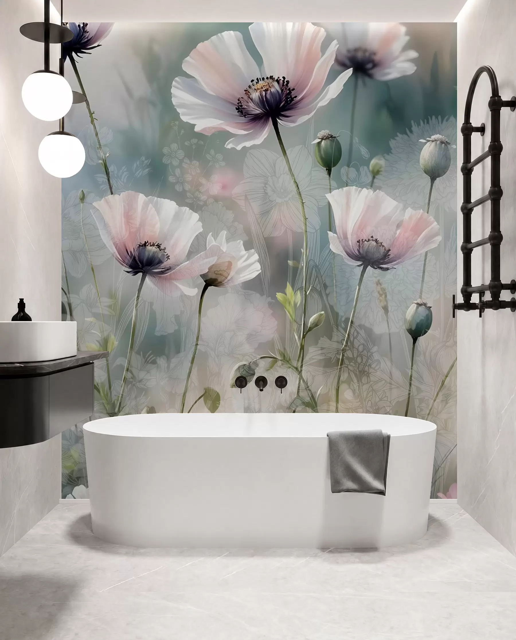 murais de parede Delicadas papoilas cor-de-rosa e púrpura com caules e botões verdes sobre um fundo texturado suave e desfocado w08585