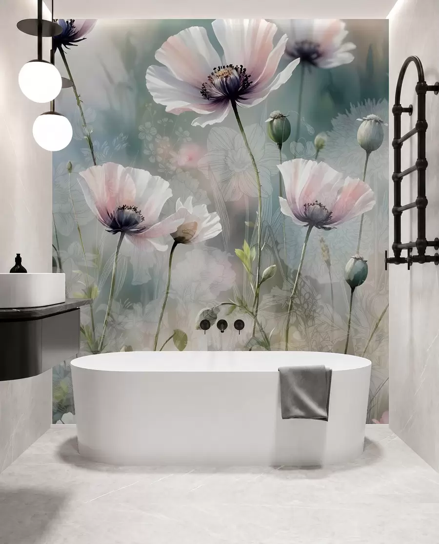murais de parede Delicadas papoilas cor-de-rosa e púrpura com caules e botões verdes sobre um fundo texturado suave e desfocado w08585