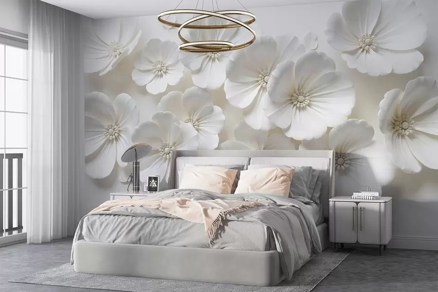murais de parede Flores brancas com pétalas e centros delicados sobre um fundo claro w08587