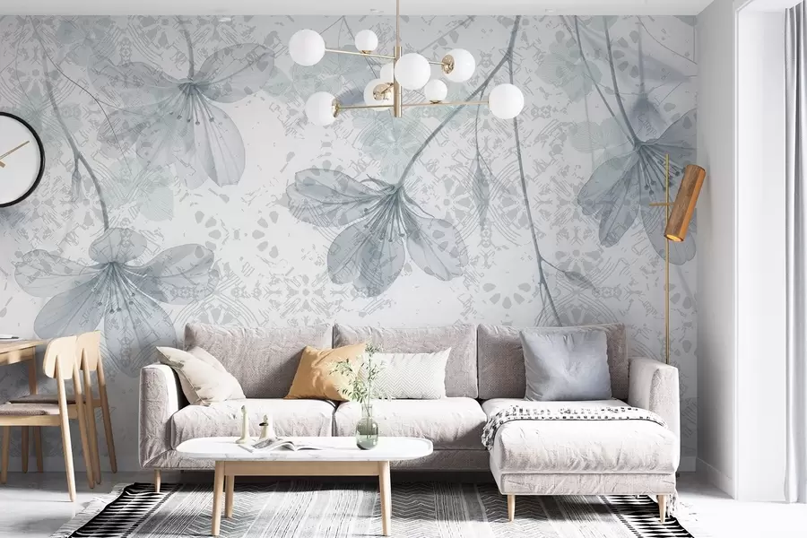 murais de parede Delicadas flores azuis e brancas com longos caules e pétalas sobre um fundo textural suave e desfocado w08588