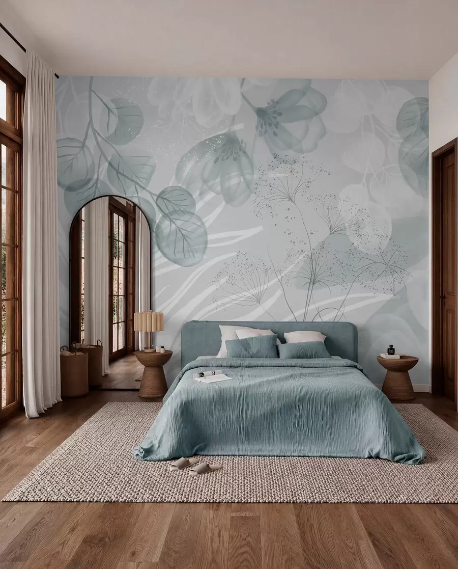 murais de parede Elementos florais de eucalipto em tons de azul e branco com folhas e pétalas sobrepostas num estilo minimalista w08599