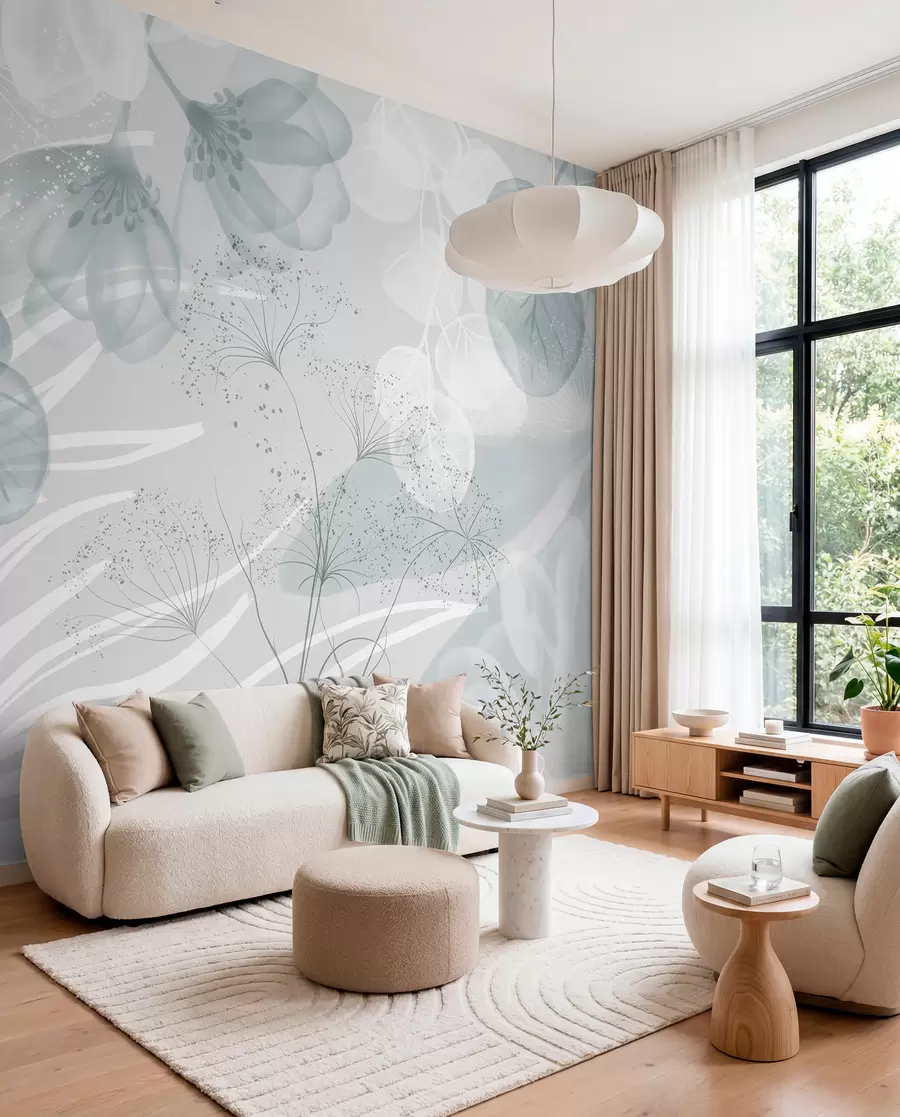 murais de parede Elementos florais de eucalipto em tons de azul e branco com folhas e pétalas sobrepostas num estilo minimalista w08599