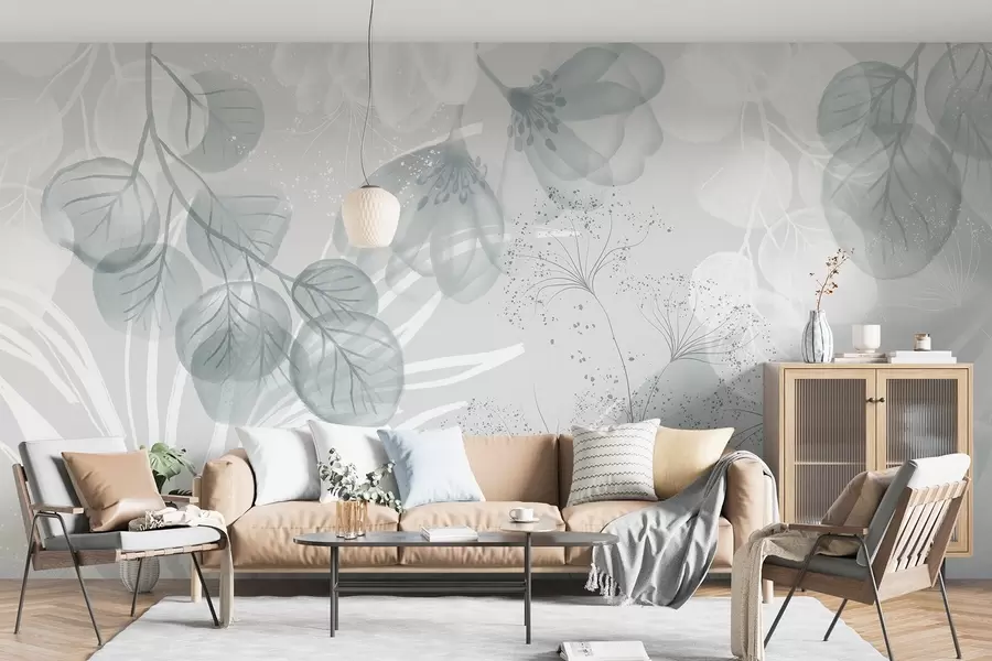 murais de parede Elementos florais de eucalipto em tons de azul e branco com folhas e pétalas sobrepostas num estilo minimalista w08599