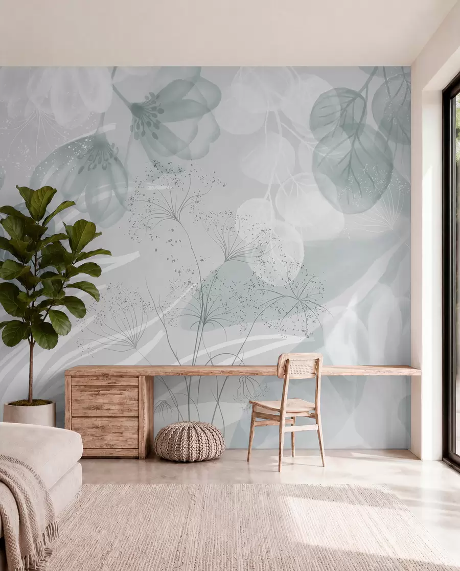 murais de parede Elementos florais de eucalipto em tons de azul e branco com folhas e pétalas sobrepostas num estilo minimalista w08599