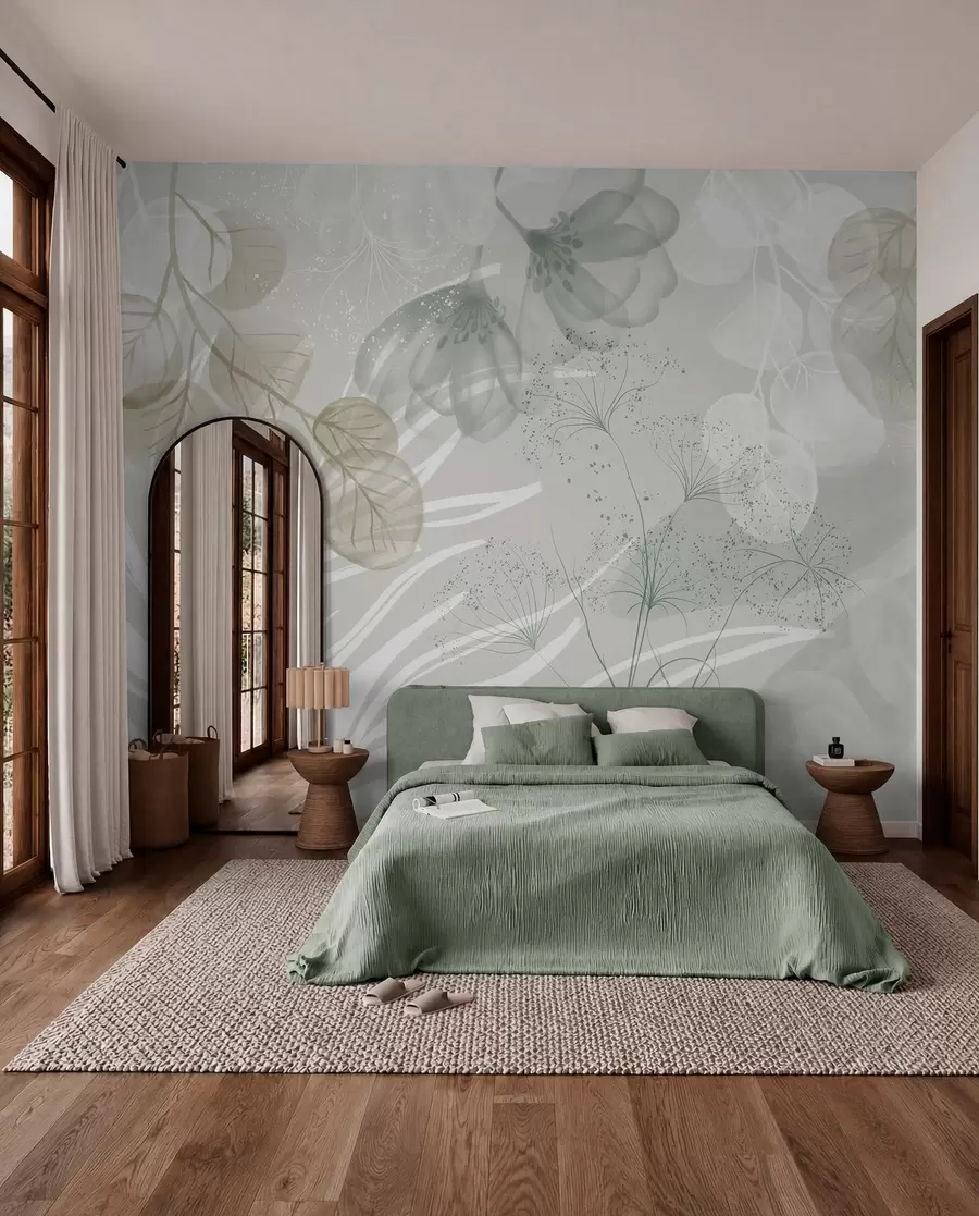 murais de parede Elementos florais de eucalipto em tons de verde e branco com folhas e pétalas sobrepostas num estilo minimalista w08599v1