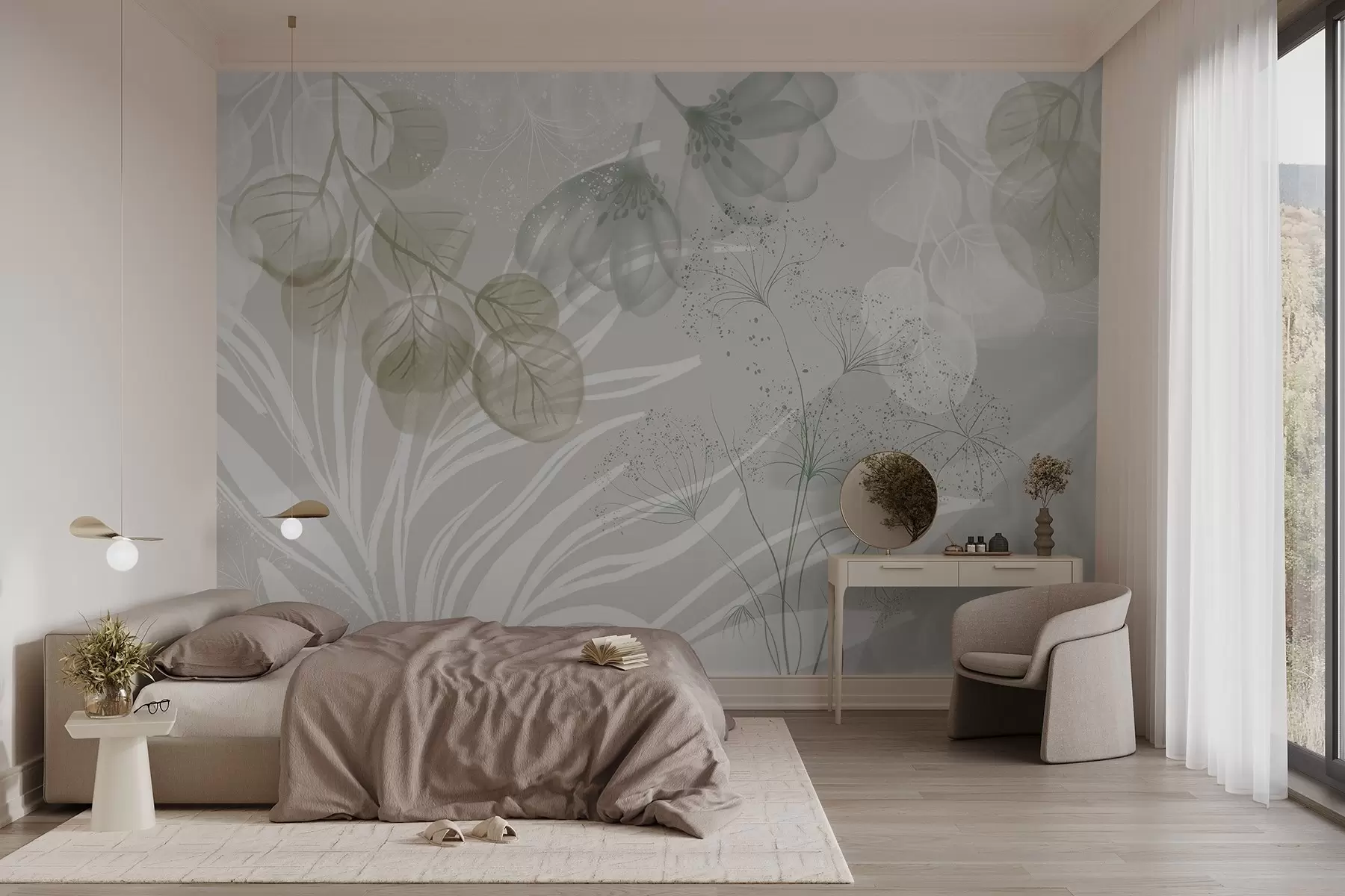 murais de parede Elementos florais de eucalipto em tons de verde e branco com folhas e pétalas sobrepostas num estilo minimalista w08599v1