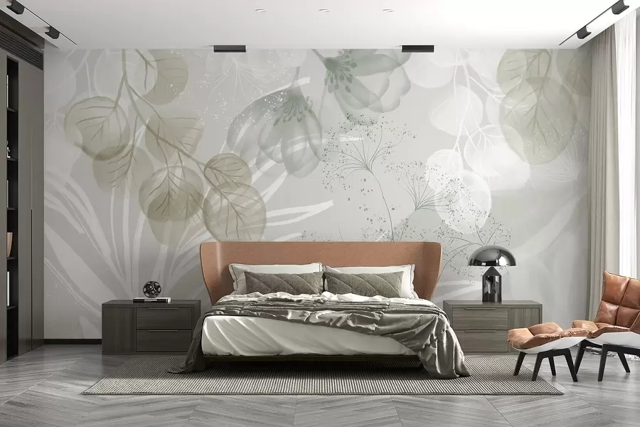 murais de parede Elementos florais de eucalipto em tons de verde e branco com folhas e pétalas sobrepostas num estilo minimalista w08599v1