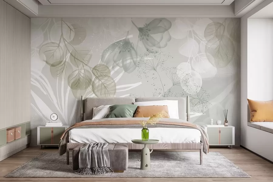murais de parede Elementos florais de eucalipto em tons de verde e branco com folhas e pétalas sobrepostas num estilo minimalista w08599v1
