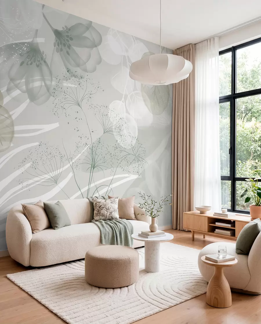 murais de parede Elementos florais de eucalipto em tons de verde e branco com folhas e pétalas sobrepostas num estilo minimalista w08599v1