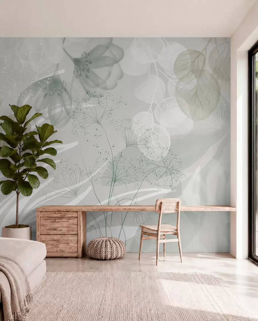 murais de parede Elementos florais de eucalipto em tons de verde e branco com folhas e pétalas sobrepostas num estilo minimalista w08599v1