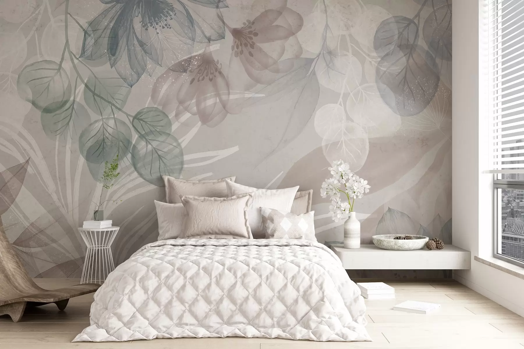 murais de parede Estampado floral em tons pastel com grandes flores e folhas abstractas transparentes em tons de cinzento, rosa e verde w08600