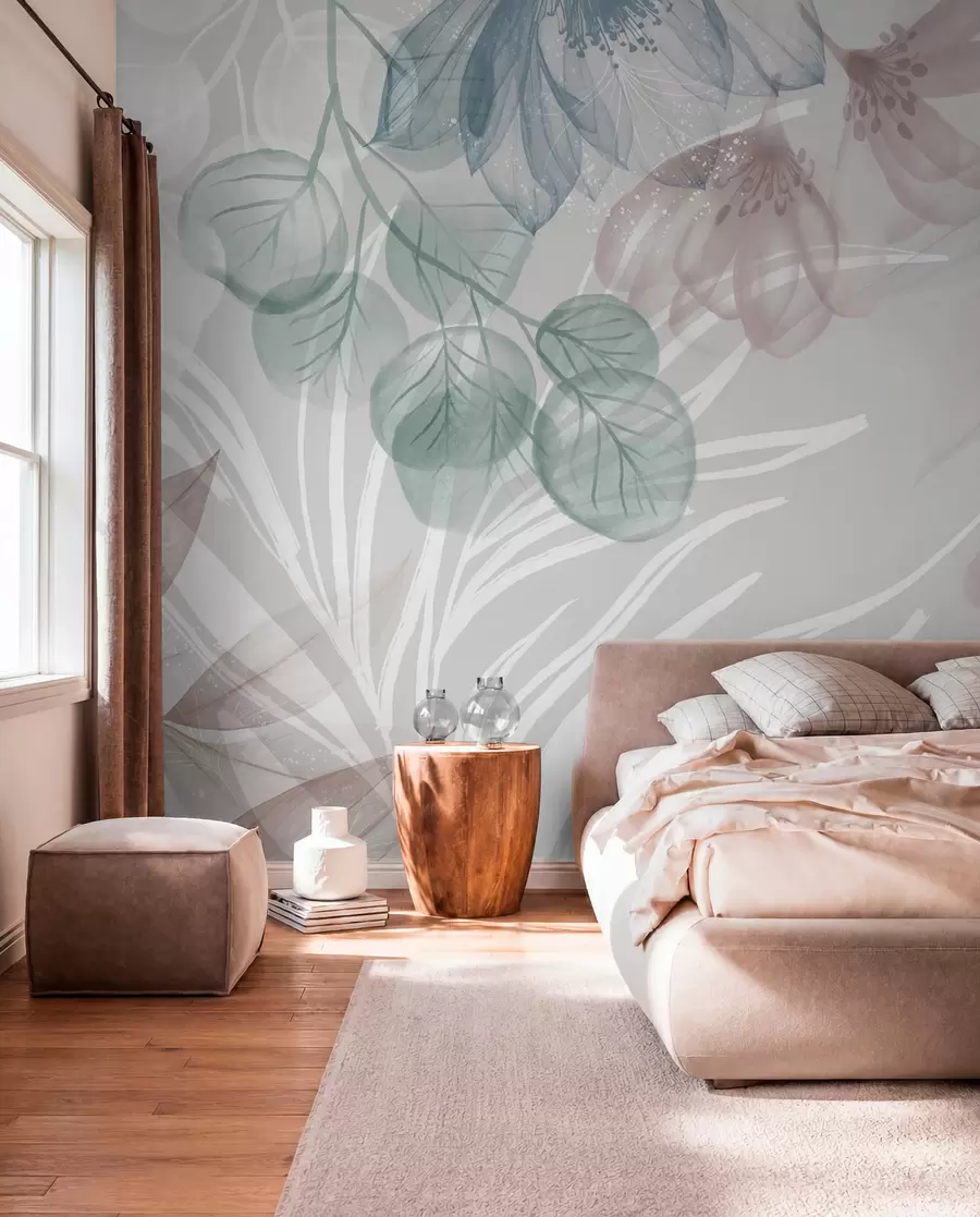 murais de parede Estampado floral em tons pastel com grandes flores e folhas abstractas transparentes em tons de cinzento, rosa e verde w08600