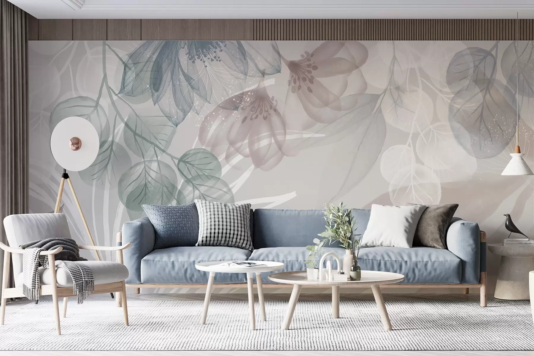 murais de parede Estampado floral em tons pastel com grandes flores e folhas abstractas transparentes em tons de cinzento, rosa e verde w08600