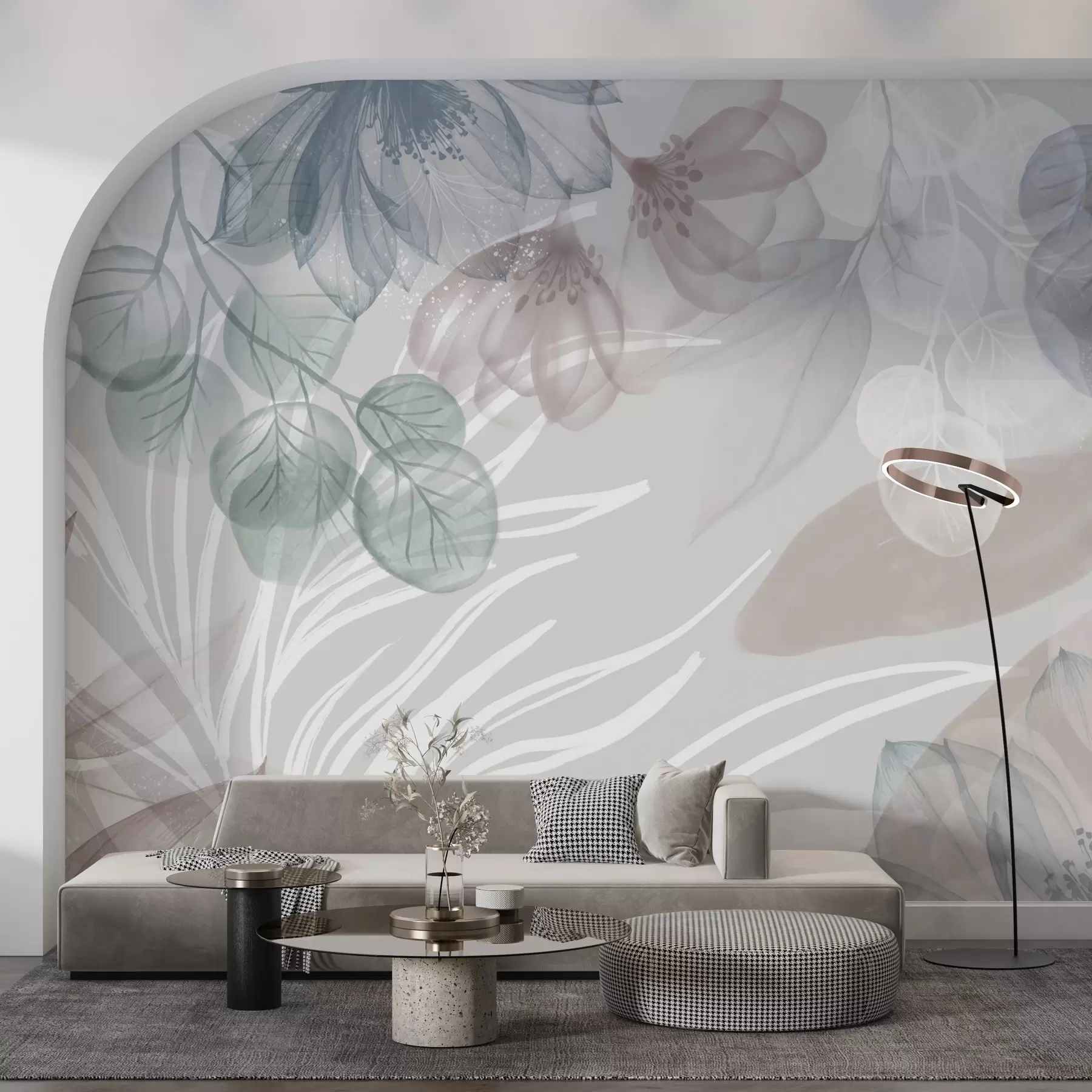 murais de parede Estampado floral em tons pastel com grandes flores e folhas abstractas transparentes em tons de cinzento, rosa e verde w08600