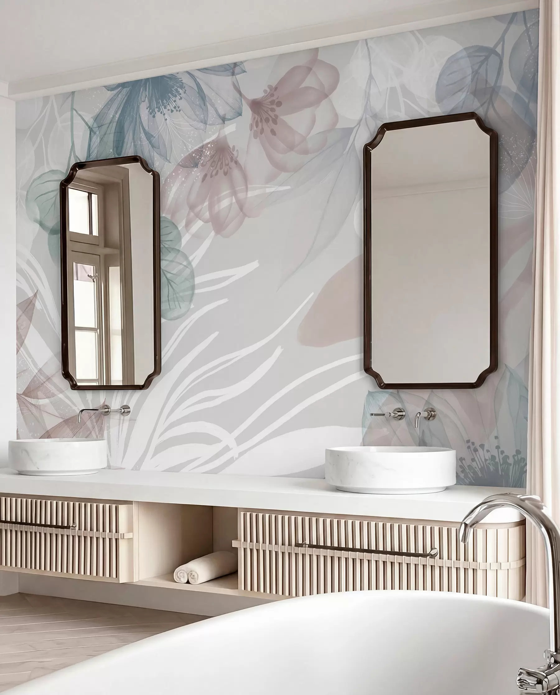 murais de parede Estampado floral em tons pastel com grandes flores e folhas abstractas transparentes em tons de cinzento, rosa e verde w08600