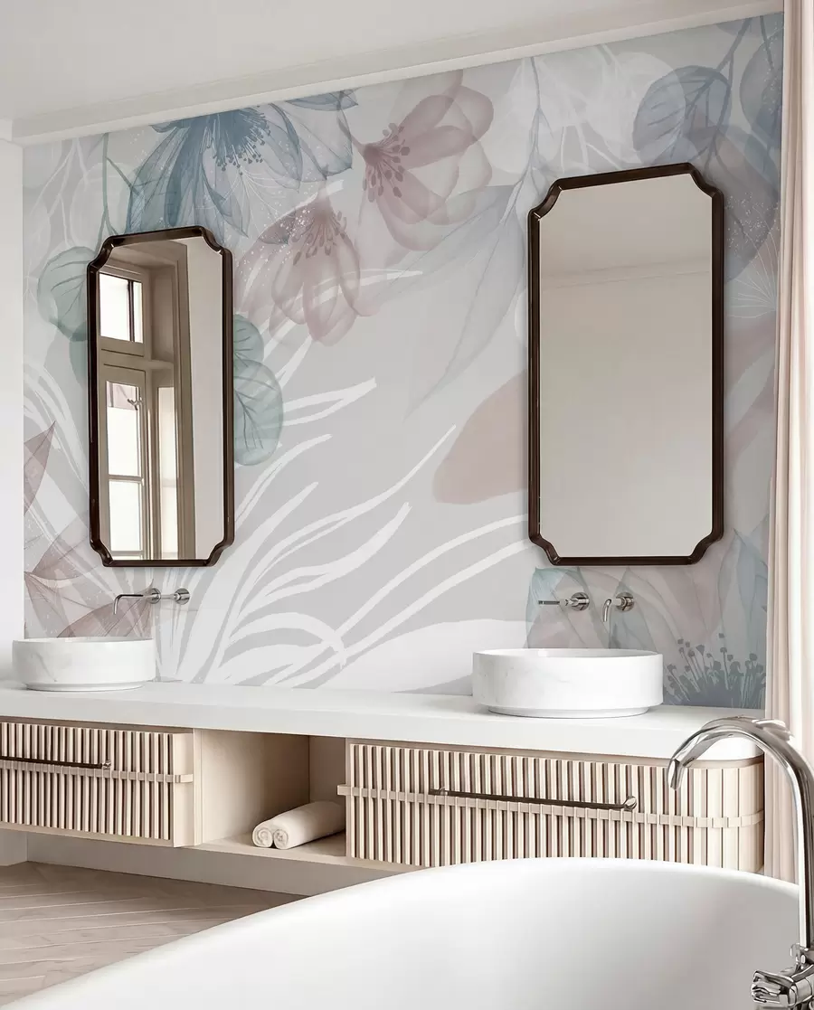murais de parede Estampado floral em tons pastel com grandes flores e folhas abstractas transparentes em tons de cinzento, rosa e verde w08600