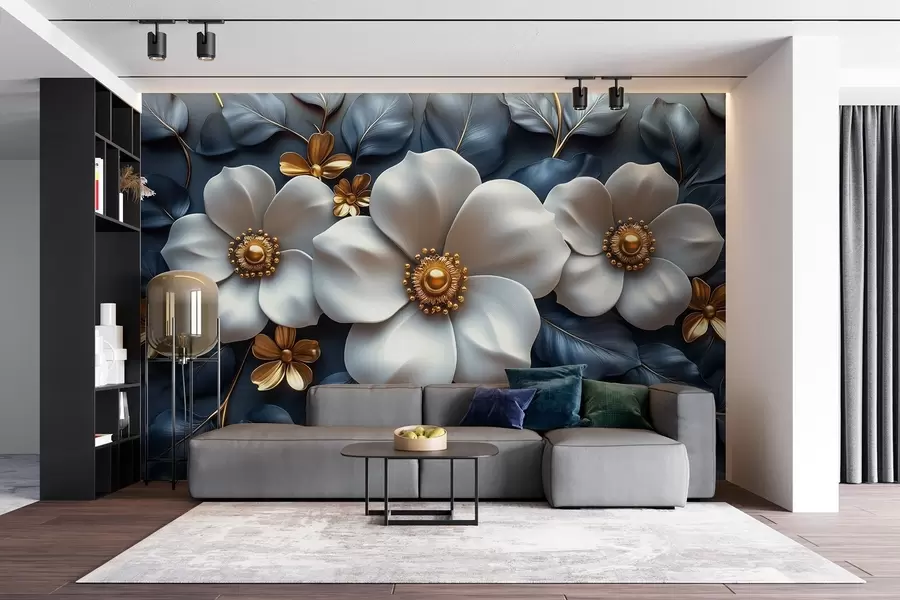 murais de parede Grandes flores brancas sobre um elegante fundo azul com folhas w08559