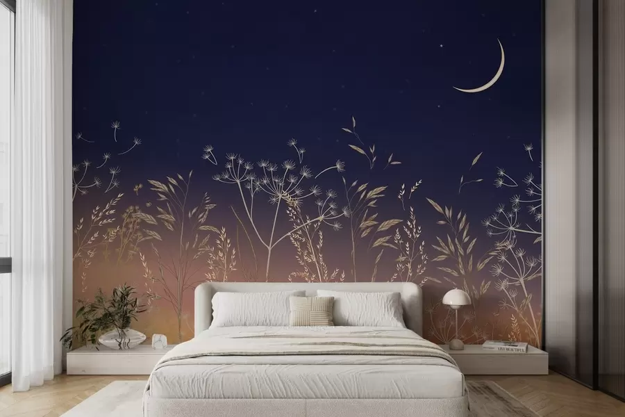 murais de parede Dentes-de-leão com flores silvestres num fundo de pôr do sol com um céu azul e a lua w08567