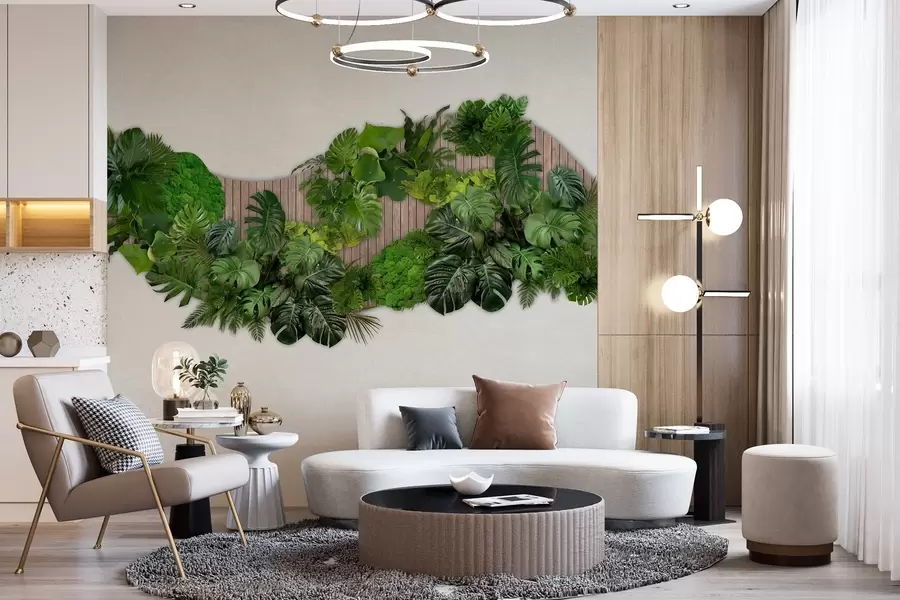 murais de parede Painel floral com folhas de palmeira, musgo e fundo de madeira w02717