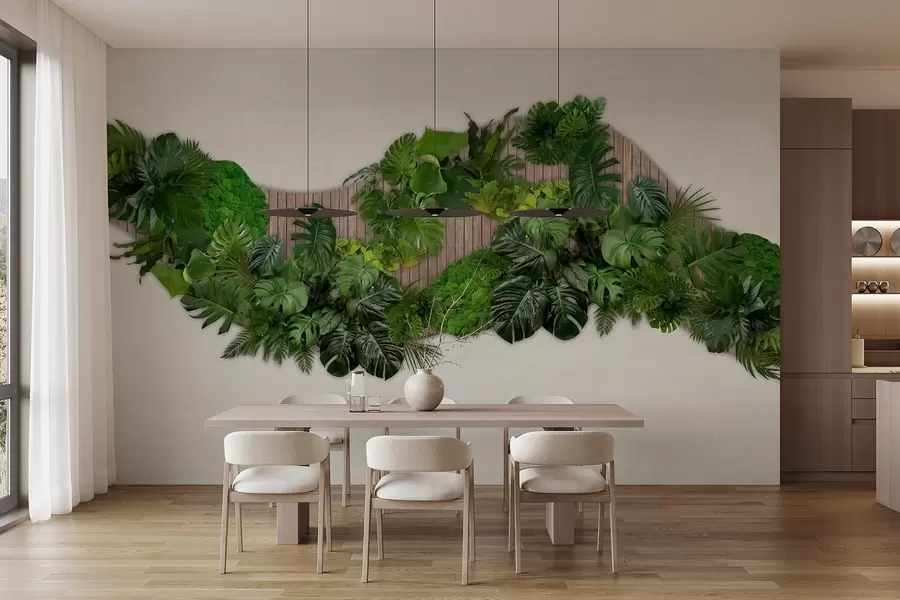 murais de parede Painel floral com folhas de palmeira, musgo e fundo de madeira w02717