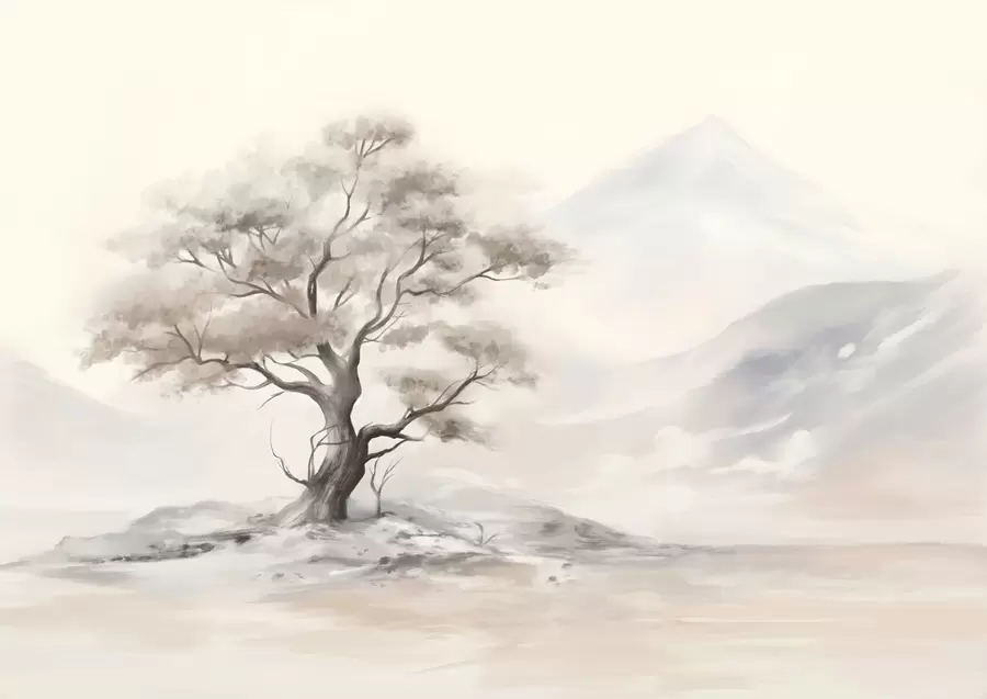 murais de parede Um desenho minimalista de uma árvore solitária e retorcida numa paisagem desolada e rochosa com montanhas em fundo  w08604