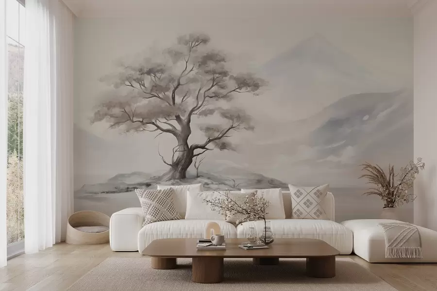 murais de parede Um desenho minimalista de uma árvore solitária e retorcida numa paisagem desolada e rochosa com montanhas em fundo  w08604