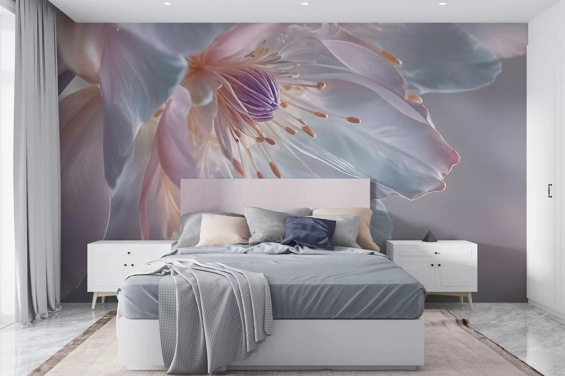 murais de parede Um grande plano de uma flor delicada, de cor pastel, com pétalas suaves e translúcidas e um centro vibrante w08605