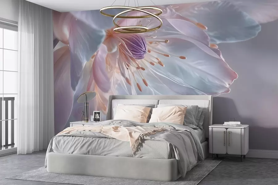 murais de parede Um grande plano de uma flor delicada, de cor pastel, com pétalas suaves e translúcidas e um centro vibrante w08605