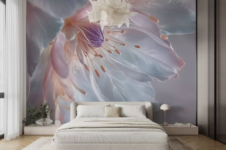 murais de parede Um grande plano de uma flor delicada, de cor pastel, com pétalas suaves e translúcidas e um centro vibrante w08605