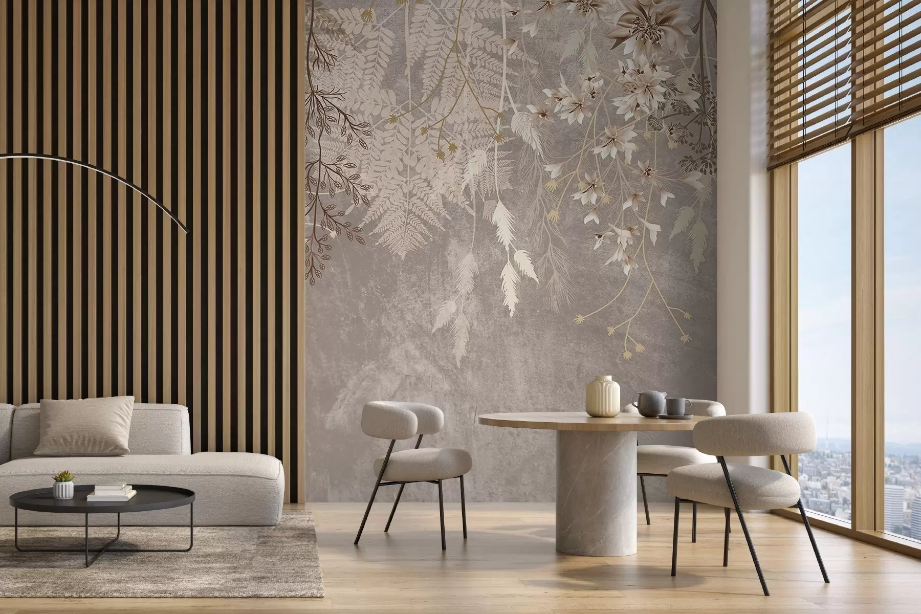 murais de parede Plantas, espiguetas e flores delicadas e sonhadoras em tons pastel castanhos sobre um fundo nebuloso e texturado w08606v1