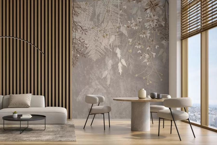 murais de parede Plantas, espiguetas e flores delicadas e sonhadoras em tons pastel castanhos sobre um fundo nebuloso e texturado w08606v1