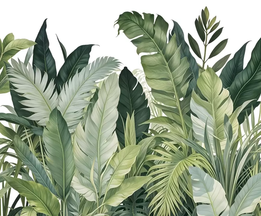murais de parede Folhagem tropical com várias folhas verdes grandes, incluindo folhas de bananeira, folhas de palmeira e outras espécies de plantas exóticas w08609