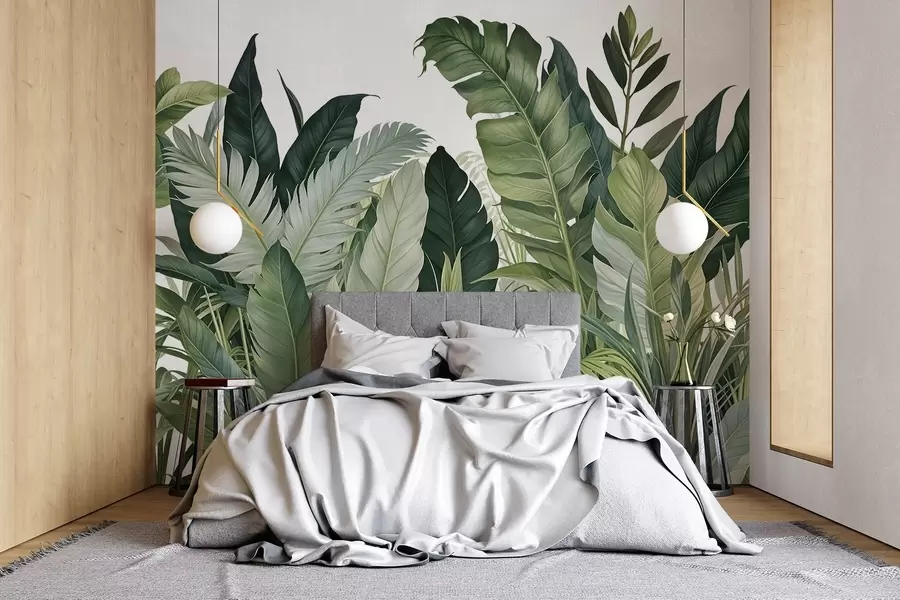 murais de parede Folhagem tropical com várias folhas verdes grandes, incluindo folhas de bananeira, folhas de palmeira e outras espécies de plantas exóticas w08609
