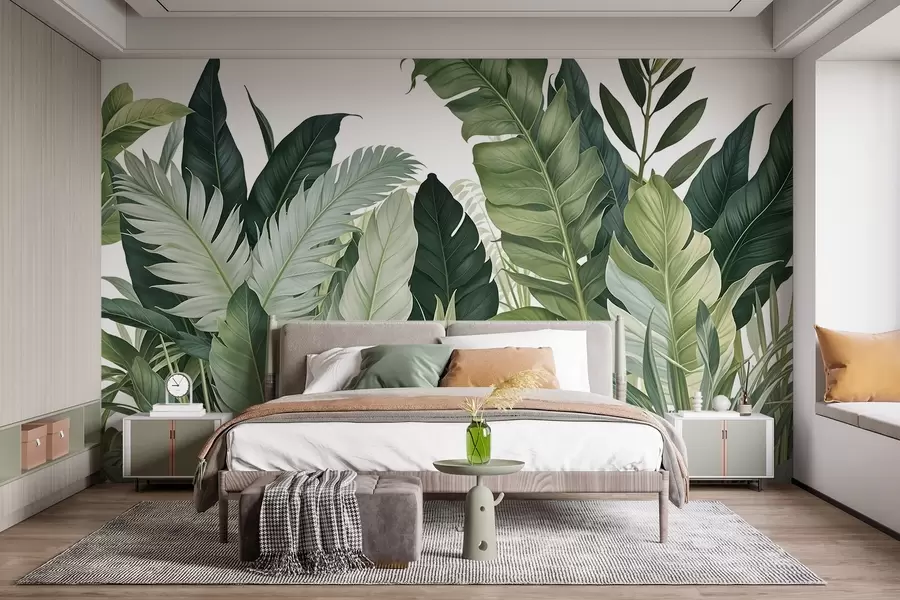 murais de parede Folhagem tropical com várias folhas verdes grandes, incluindo folhas de bananeira, folhas de palmeira e outras espécies de plantas exóticas w08609